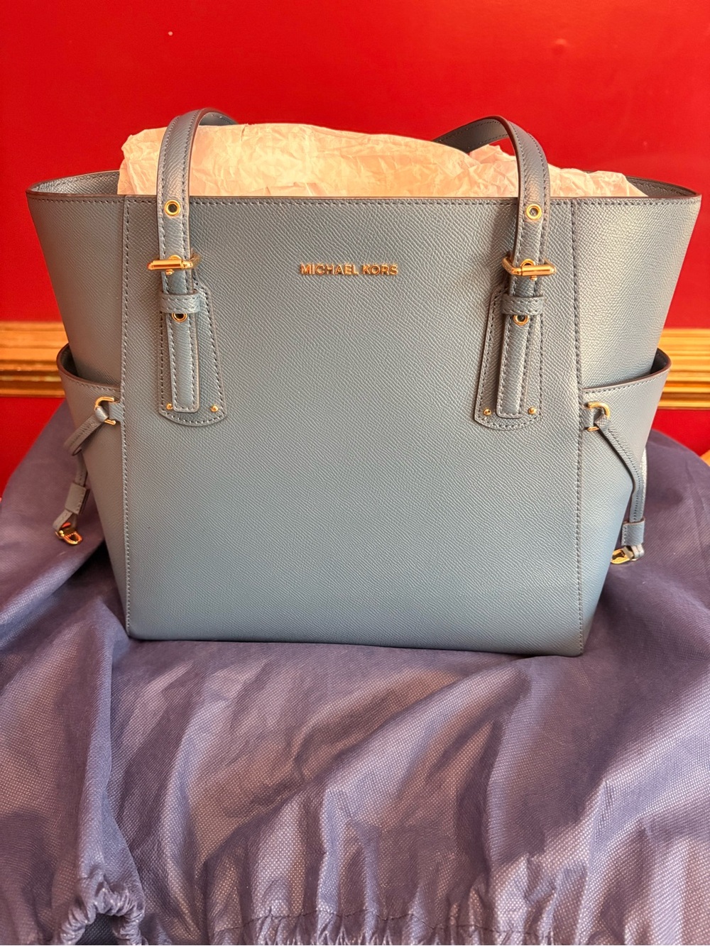 Michael Kors Dusty Blue Saffiano Leather Tote with Gold Hardware - Picture 3 of 11